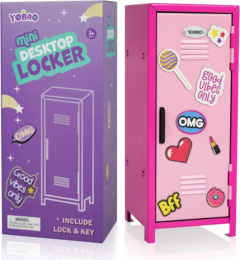 YOBRO Mini Locker with Lock and 2 Keys, 24PCS Magnetic Stickers, Miniature Storage Locker for Desk, Home, Bedroom, Office, Pink&Rose - Image 1